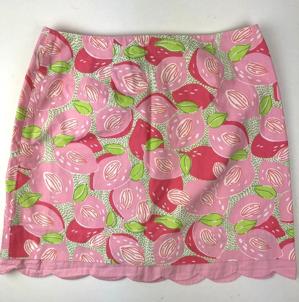 Lilly Pulitzer Vintage Skirt Women's 2 Pink Green Fruit Print Scalloped Hem EUC